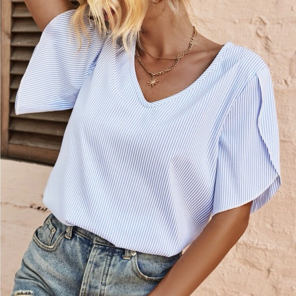 Vertical Striped Petal Sleeve Blouse